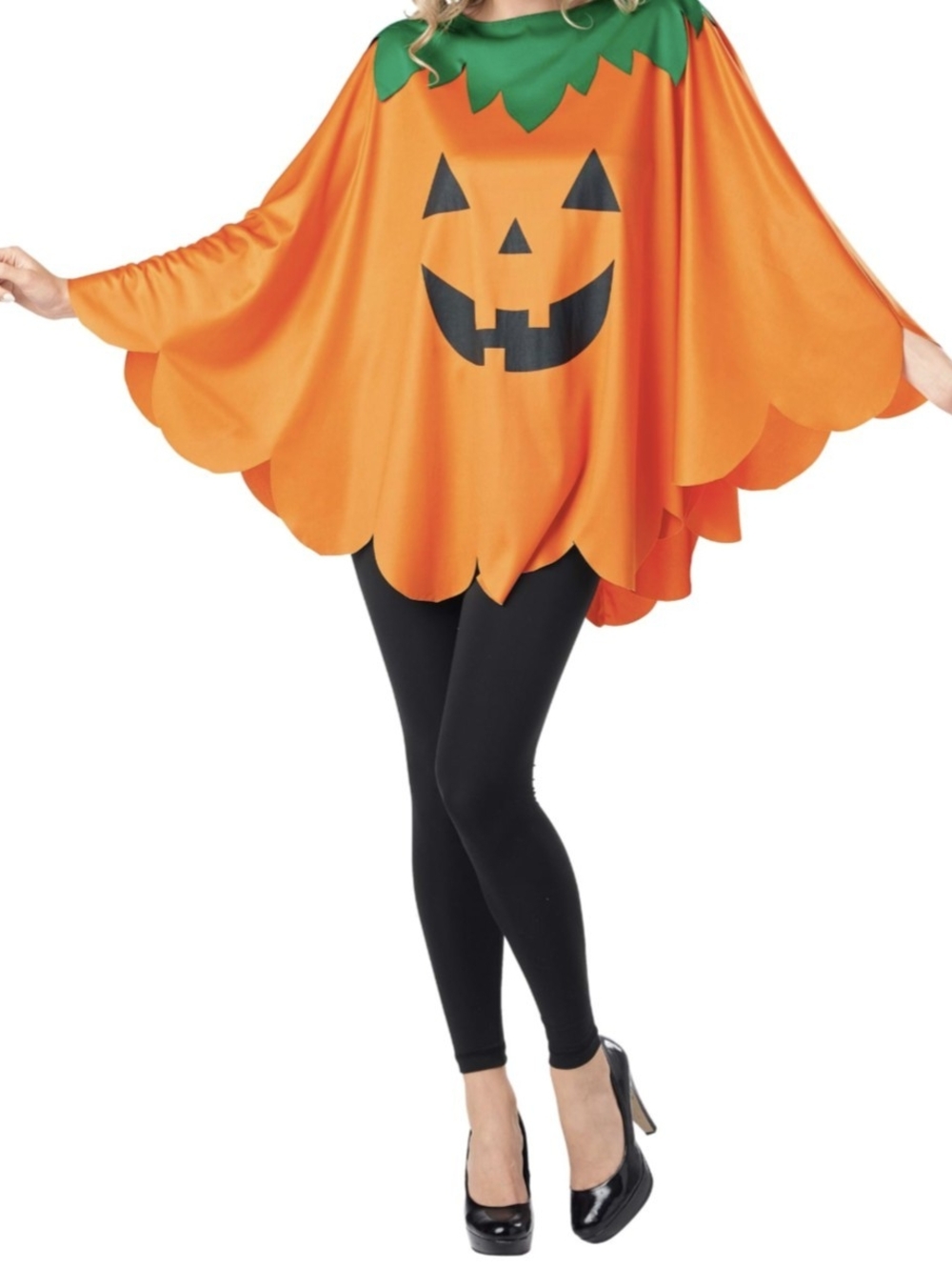 Adult Orange Pumpkin Poncho Costume with Green Collar-One Size Fits Most